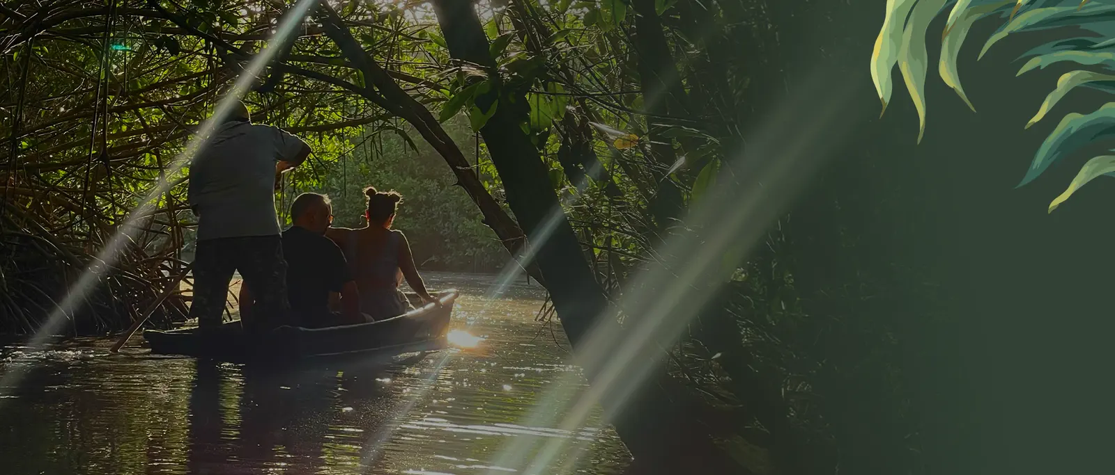 Tres personas recorren en lancha un canal entre manglares con rayos de sol