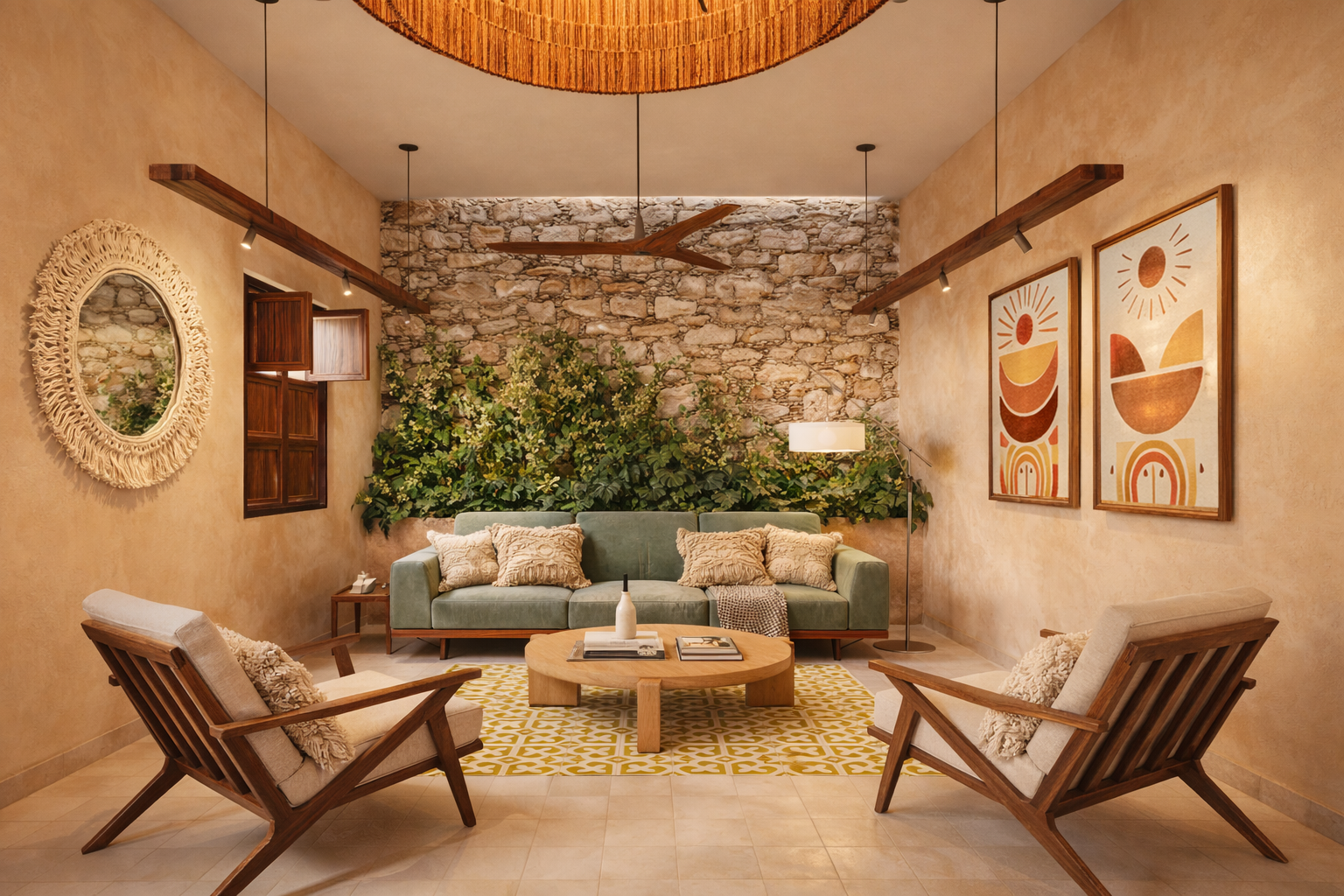 Sala interior con muro de piedra y techo alto