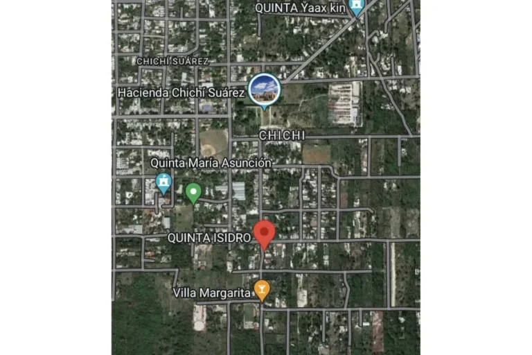 Mapa satelital de Chichí Suárez con calles, nombres de quintas y un marcador rojo junto a Quinta Isidro.
