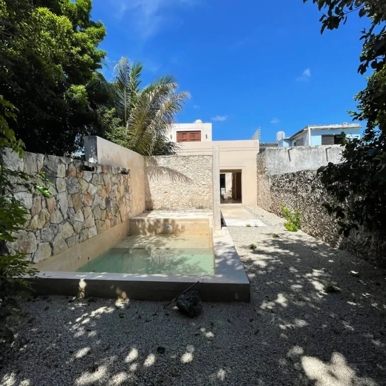 Patio con alberca rectangular, suelo de grava, muros de piedra, palmera y una construcción al fondo.