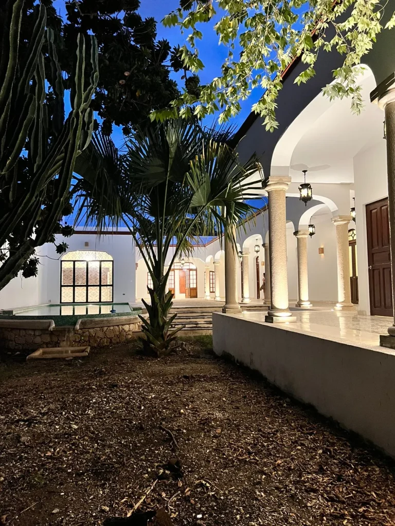 Patio con árboles, palmeras y un corredor de arcos blancos, columnas iluminadas y lámparas colgantes.