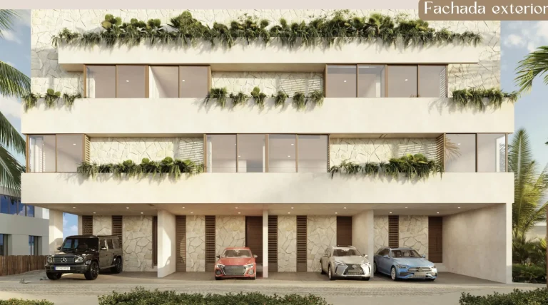 Render de edificio con balcones, jardineras, revestimientos de piedra y cuatro vehículos en el estacionamiento.