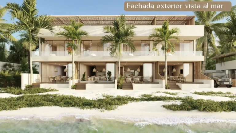 Render de edificio residencial frente a la playa, con terrazas, ventanales y palmeras.