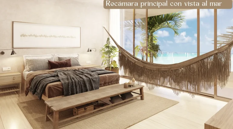Render de recámara con cama, banca de madera y hamaca frente a ventanales con vista al mar.