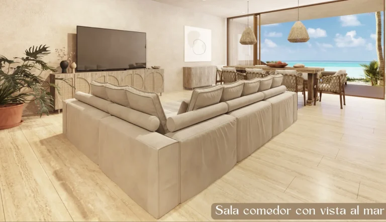 Render de sala comedor con sofá en escuadra, televisión y mesa de madera frente a un ventanal con vista al mar.