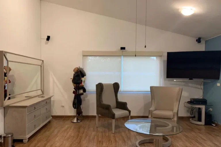 Sala con dos sillones, mesa de cristal, cómoda con espejo, perchero y televisión junto a una ventana con persianas.