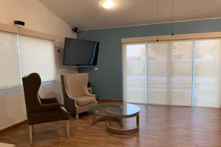 Sala con dos sillones, mesa redonda de cristal, televisión en la pared y ventanales con persianas claras.