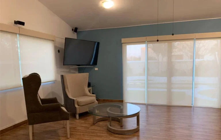 Sala con dos sillones, mesa redonda de cristal, televisión en la pared y ventanales con persianas claras.